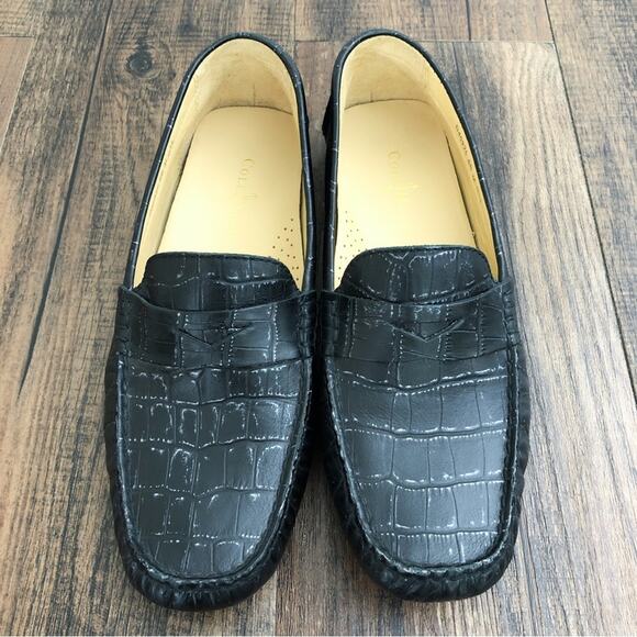 Cole Haan Driving Loafer Penny Loafer Croc Embossed Leather Trillby Size 6 Black - Picture 3 of 14